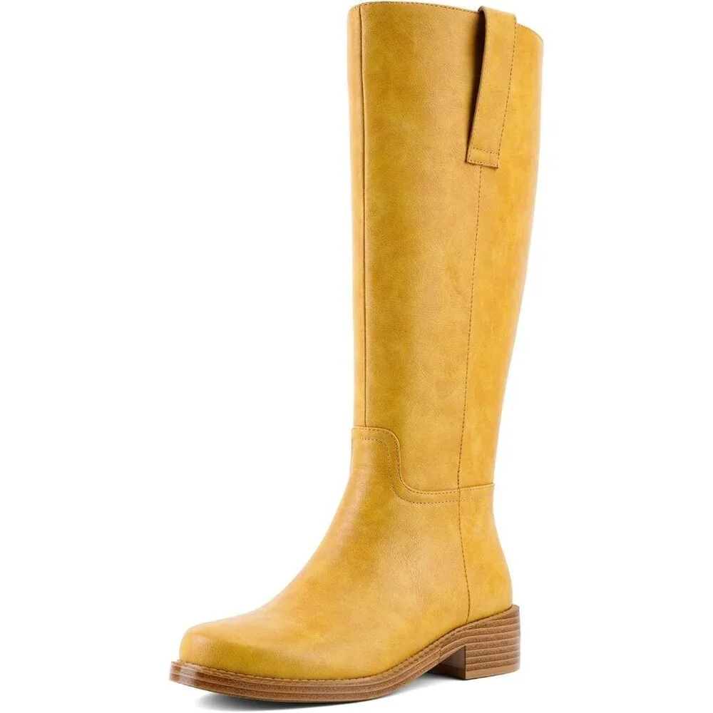 Women's Yellow Square Toe Chunky Heel Slip-On Pu Leather Knee-high Boots
